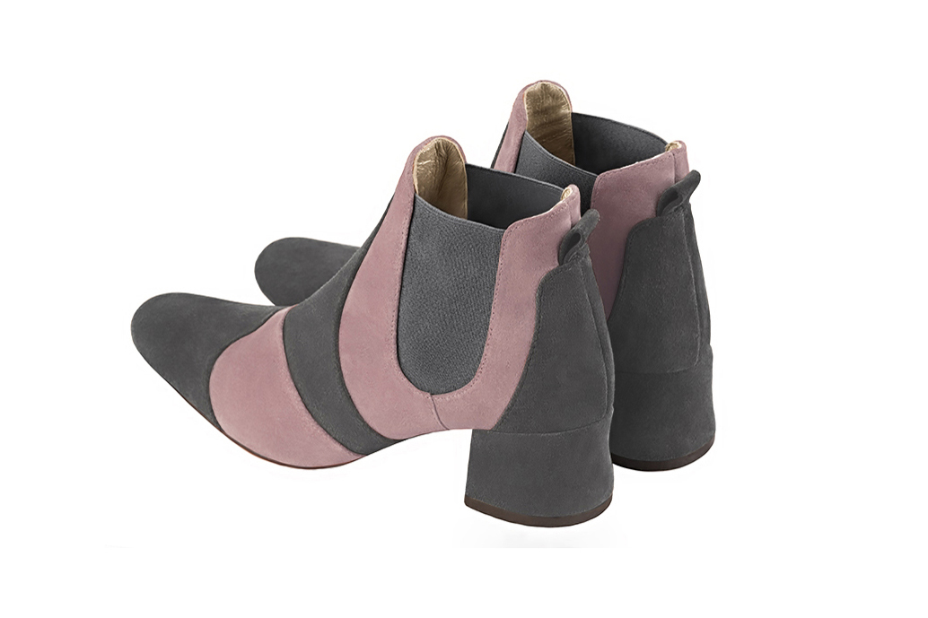 French elegance and refinement for these dark grey and dusty rose pink dress two-tone booties, with elastics on the sides, 
                available in many subtle leather and colour combinations. Customise with your own colours and materials from the "My Favourites" page
This pretty boot with its elasticated sides is easy to put on. 
Its original cut will amuse your steps and will enhance your basic outfits.
  
                Matching clutches for parties, ceremonies and weddings.   
                You can customize these ankle boots with elastics to perfectly match your tastes or needs, and have a unique model.  
                Choice of leathers, colours, knots and heels. 
                Wide range of materials and shades carefully chosen.  
                Rich collection of flat, low, mid and high heels.  
                Small and large shoe sizes - Florence KOOIJMAN